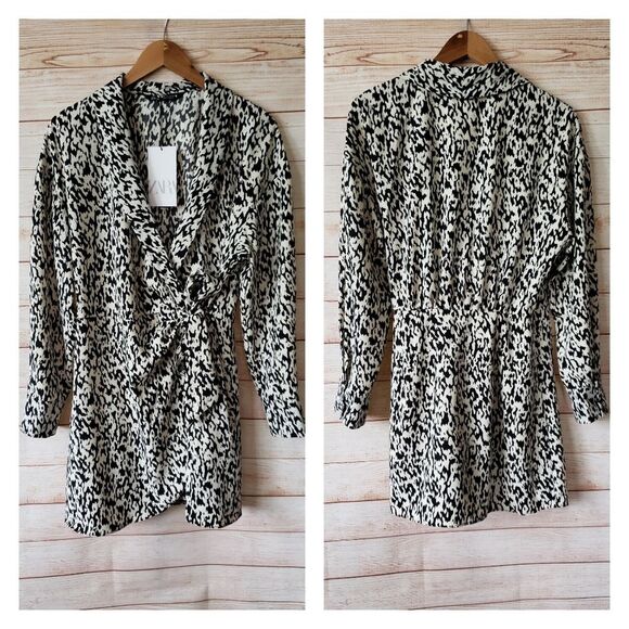 Zara Animal Print Jumpsuit/Romper Wrap Front Tie Long Sleeve - Picture 6 of 15